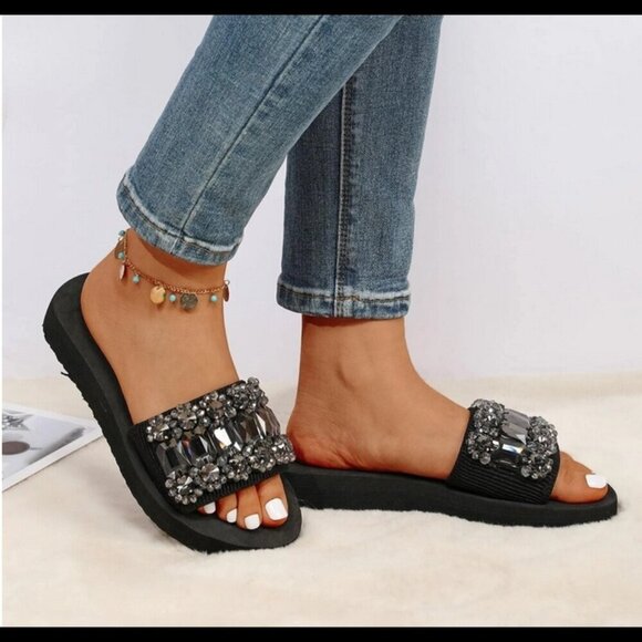 Rhinestone Size 8.5 EU 39 Decor Single Strap Slides, Black Fashionable Sandal - Picture 4 of 5